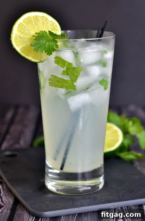 Coconut Lime Cilantro Quencher 4 Three Coconut Lime Cilantro Coolers in glasses, ready to serve.