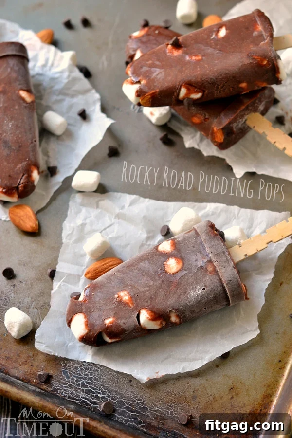 Delicious Rocky Road Pudding Pops, a perfect creamy and refreshing treat for a hot summer afternoon.