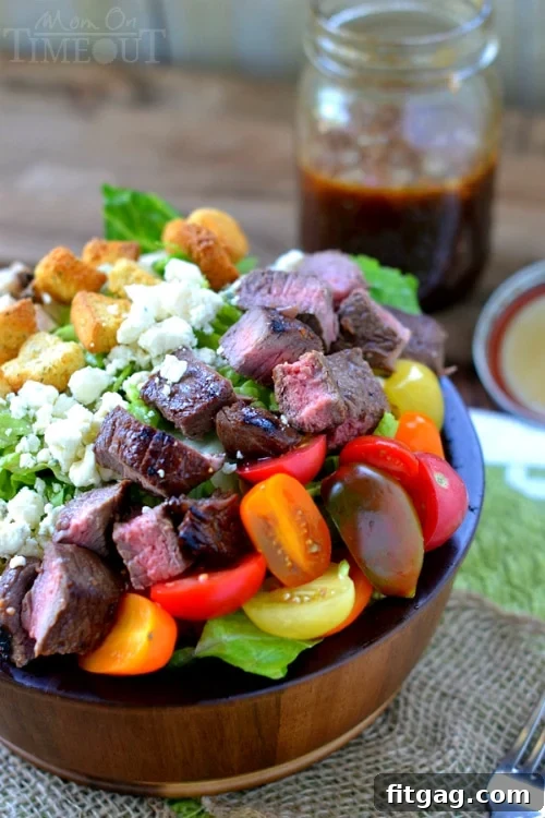 Close-up of Hearty Balsamic Honey Grilled Steak Salad, ready to be dressed
