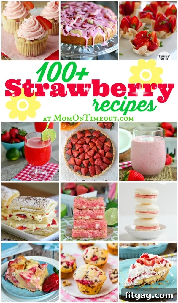 A vibrant collage showcasing various strawberry recipes including cakes, pies, drinks, and fresh strawberries, highlighting over 100 delectable ideas for every enjoyment.