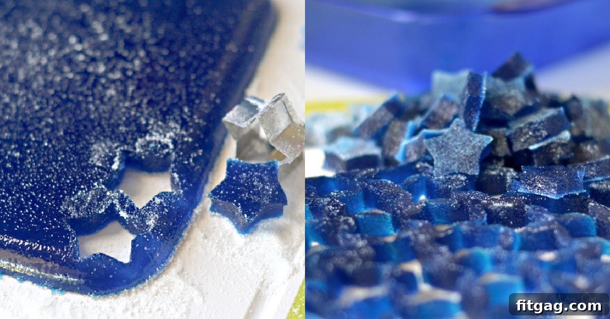 Two image collage showing gumdrops being cut out and rolled in granulated sugar.