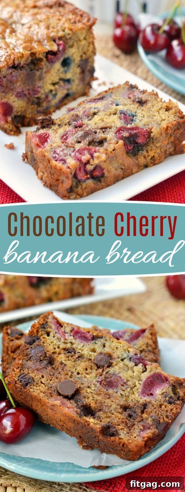 An irresistible slice of Chocolate Cherry Banana Bread with visible cherries and chocolate, a perfect quick bread recipe.