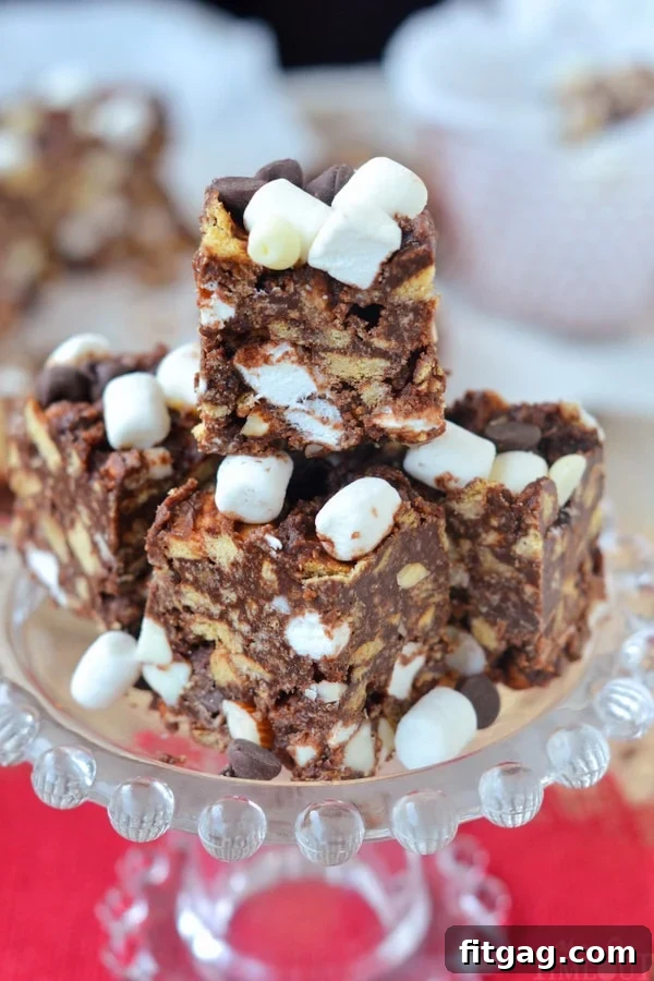 rocky road s'mores bars on clear glass dish no text