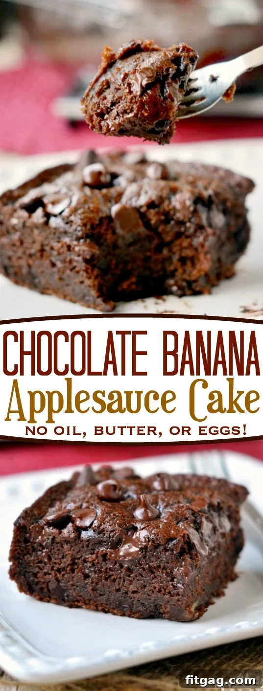 A stunning vertical shot of the Chocolate Banana Applesauce Cake, ready to be sliced and enjoyed.