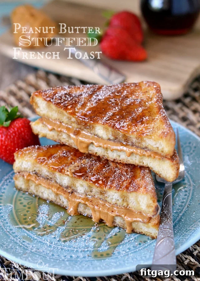 Delicious Peanut Butter Stuffed French Toast, a perfect breakfast or brunch treat topped with maple syrup