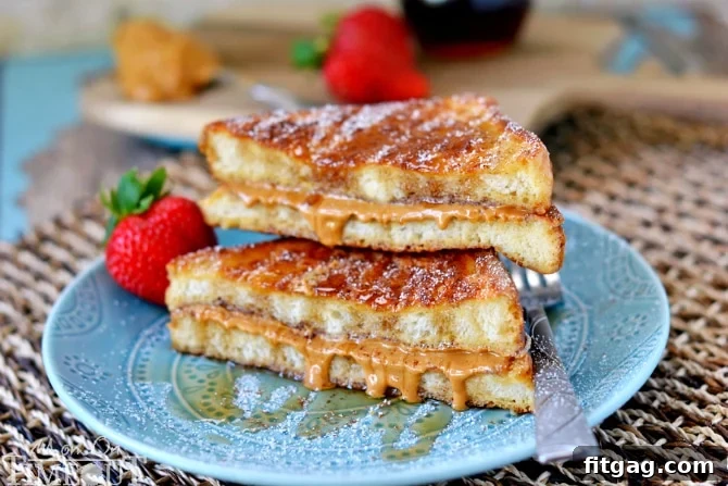 Close-up of Peanut Butter Stuffed French Toast stack, ready for a delicious breakfast