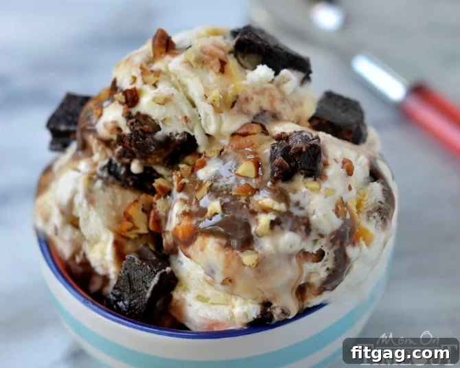 Satisfy your chocolate cravings and beat the heat with totally decadent Turtle Brownie Ice Cream - no machine needed! MomOnTimeout.com #ad