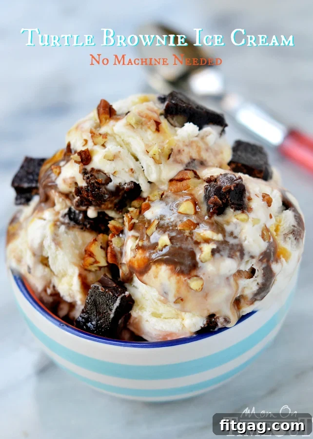 Satisfy your chocolate cravings and beat the heat with totally decadent Turtle Brownie Ice Cream - no machine needed! MomOnTimeout.com #ad
