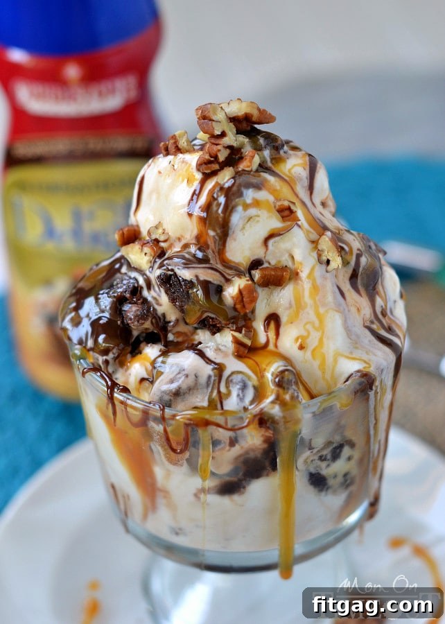 Satisfy your chocolate cravings and beat the heat with totally decadent Turtle Brownie Ice Cream - no machine needed! MomOnTimeout.com #ad
