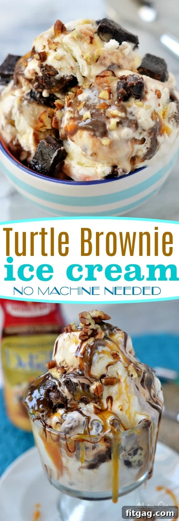 Satisfy those chocolate cravings and beat the heat with this totally decadent Turtle Brownie Ice Cream - no machine needed! // Mom On Timeout