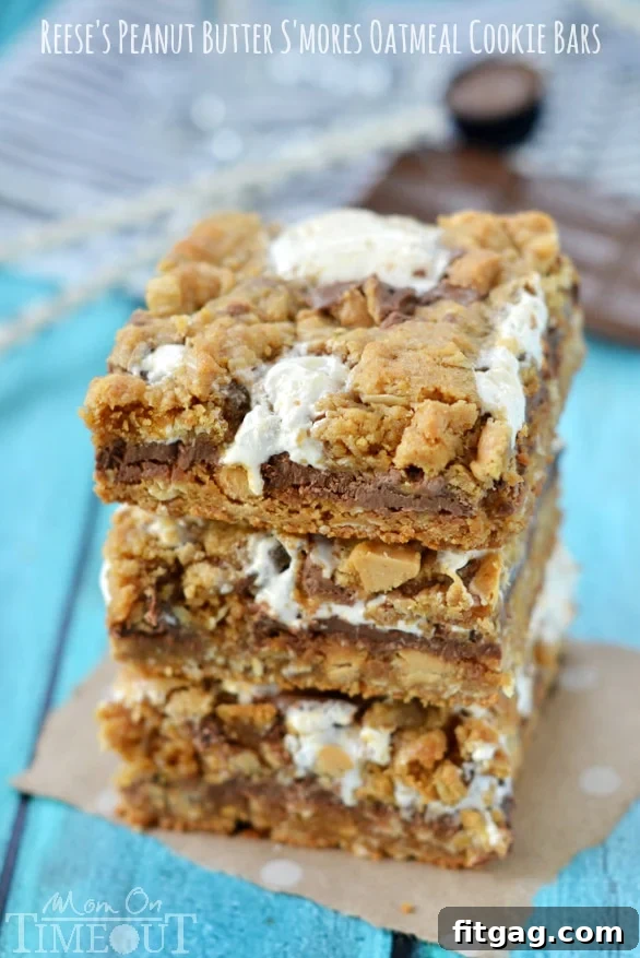 Decadent Reese's Peanut Butter S'mores Oatmeal Cookie Bars 5 Reese's Peanut Butter S'mores Oatmeal Cookie Bars - total indulgence in each bite! | MomOnTimeout.com