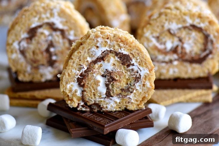 A plate full of S'mores Rice Krispies Treats Pinwheels, ready for serving at a party or gathering, demonstrating their appealing presentation.