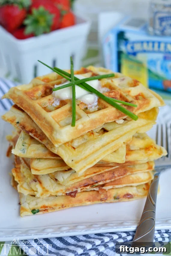 These freezer-friendly Bacon, Potato, and Cheese Waffles make school mornings just a little bit easier and a lot more yummy! | MomOnTimeout.com | #breakfast #waffles #Challenge #sponsored