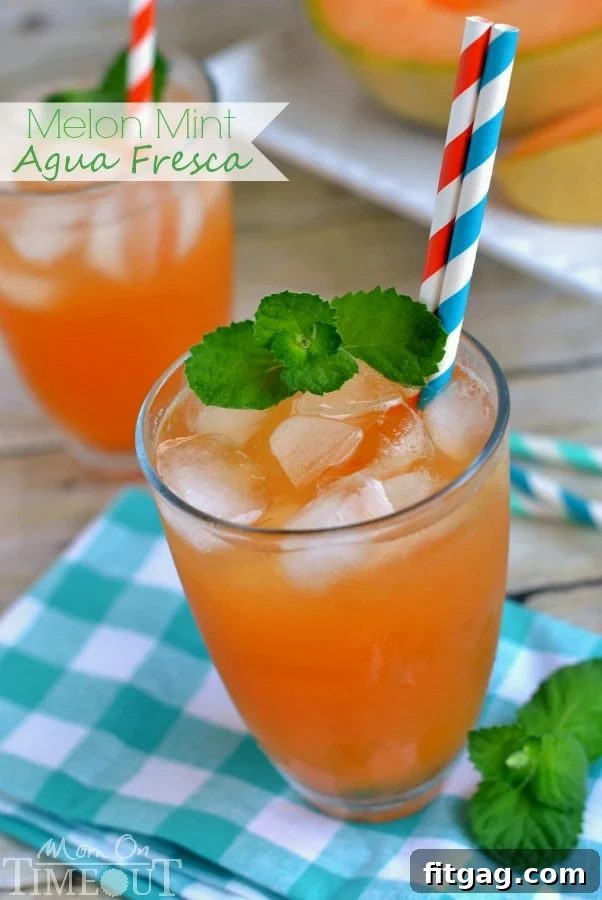 A tall glass of Melon Mint Agua Fresca with fresh mint leaves and melon slices, perfect for summer hydration. #aguafresca #melonmint #refreshingdrink #summerrecipe