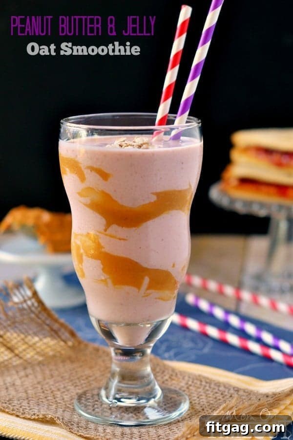 Hearty Peanut Butter and Jelly Oat Smoothie with Greek yogurt and oats for a delicious breakfast or satisfying afternoon snack.