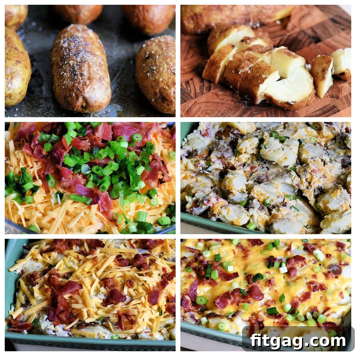 Six-image collage showing a step-by-step process of making twice baked potato casserole: 1. Baked potatoes, 2. Chopping potatoes, 3. Adding mayo and sour cream, 4. Mixing in cheese, bacon, and green onions, 5. Topping with cheese and bacon, 6. Final baked casserole.