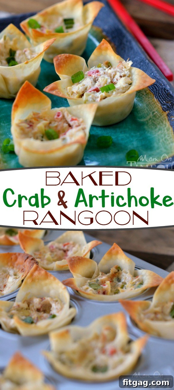 baked crab and artichoke rangoon made with cream cheese in wonton cups