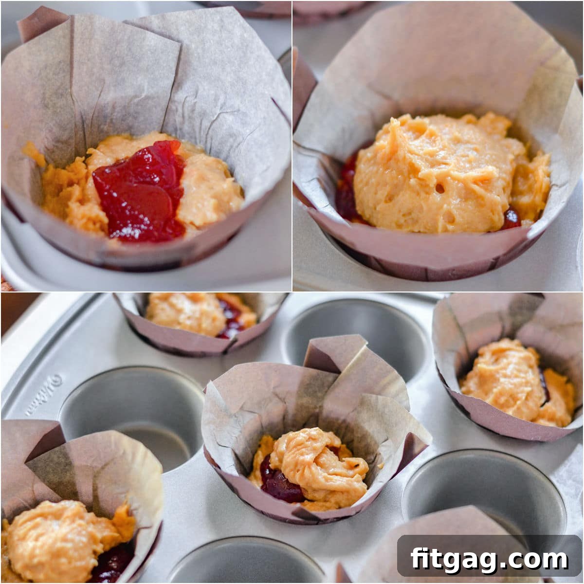 Three image collage showing how to make peanut butter and jelly muffins.