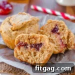 Two peanut butter and jelly muffins on a piece of parchment. One muffin has been split in half to reveal the jelly center.