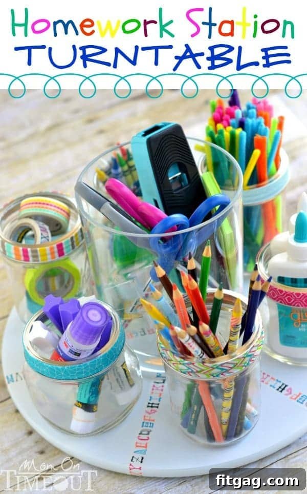 DIY Homework Station Turntable for organized school supplies and efficient study time