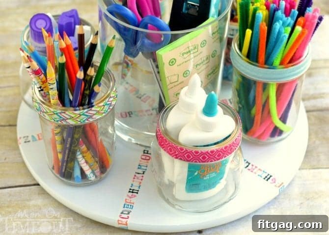 Horizontal view of the homework station turntable with supplies