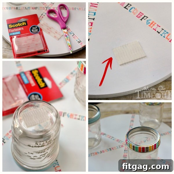 Applying Scotch All-Weather Fasteners to the bottom of mason jars