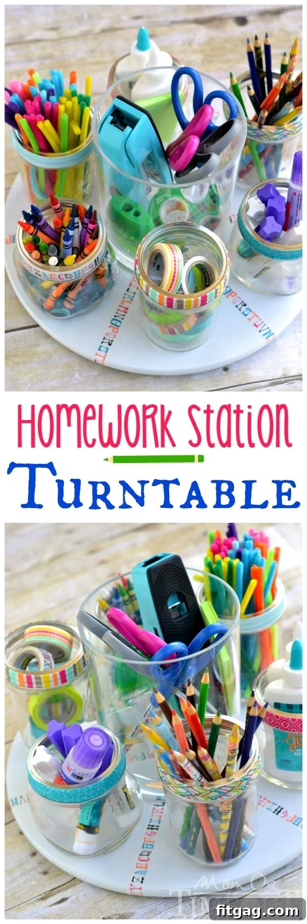 Finished homework station turntable brimming with organized school supplies
