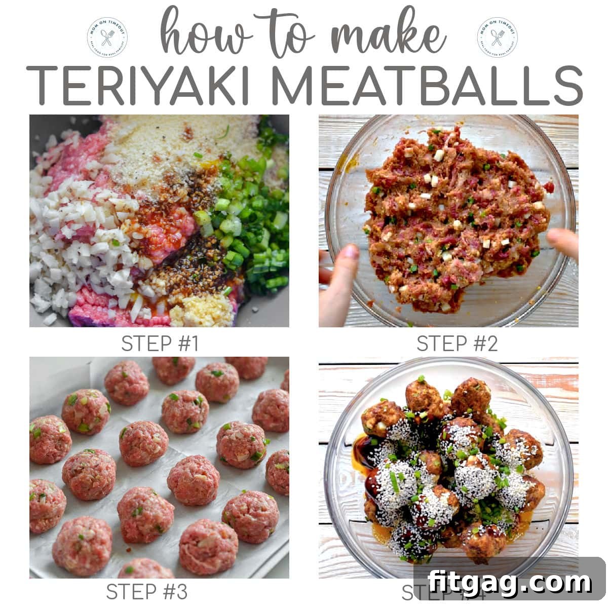 Glazed Teriyaki Meatballs 4 Four image collage showing how to make teriyaki meatballs. Text overlay at the top of the image.