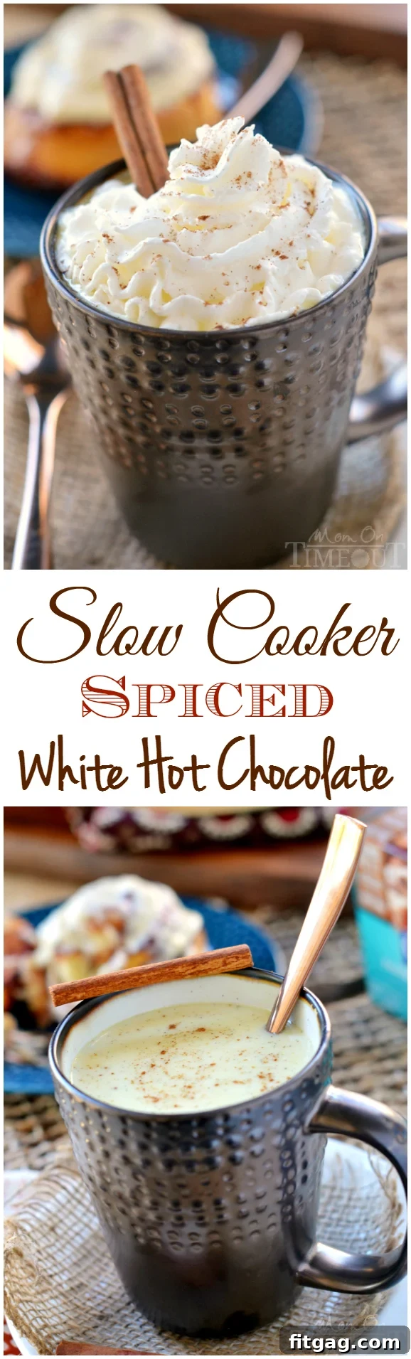The incredible flavors of cinnamon, nutmeg, and cardamom spice up this wonderfully creamy and rich Slow Cooker Spiced White Hot Chocolate. | MomOnTimeout.com | #beverage #chocolate #hot #crock #pot #ad