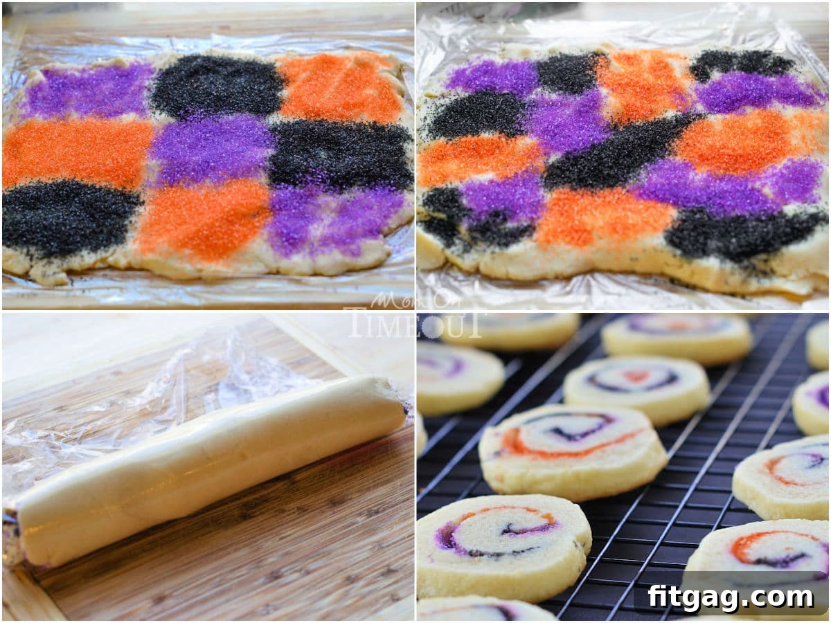 Four image collage showing how to make spiral Halloween cookies.