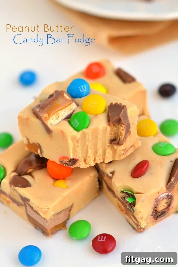 Creamy peanut butter fudge studded with a variety of chopped candy bars, a perfect way to use up leftover Halloween candy.