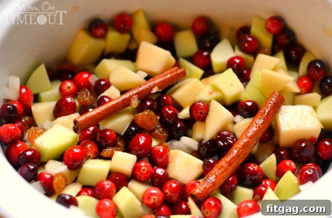 Essential ingredients for homemade cranberry chutney: fresh cranberries, pears, cinnamon, and raisins.