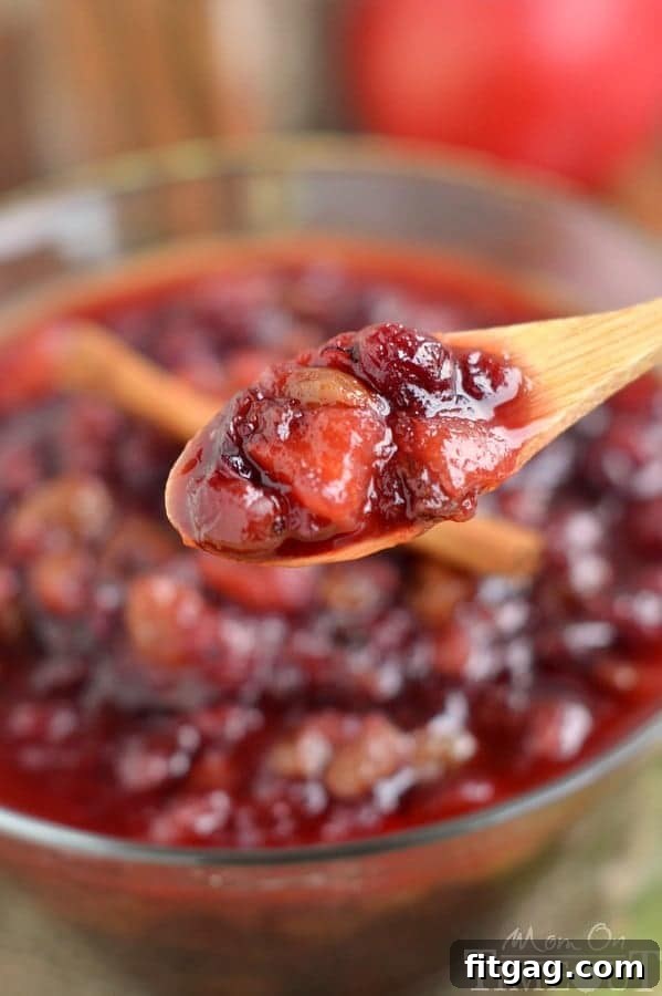 The finished slow cooker spiced cranberry chutney, ready to be served during the holidays.