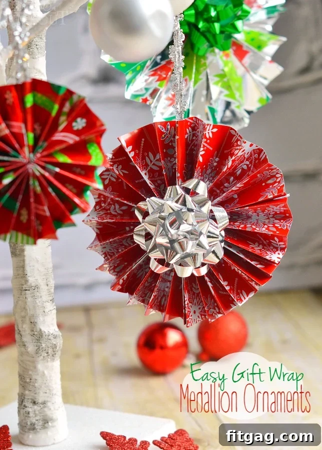 Effortless Gift Wrap Medallion Decorations 2 These easy Gift Wrap Medallion Ornaments are so easy to make and add a festive flair to your tree and Christmas gifts! A fun craft for kids of all ages! MomOnTimeout.com | #craft #Christmas #MakeAmazing #spon