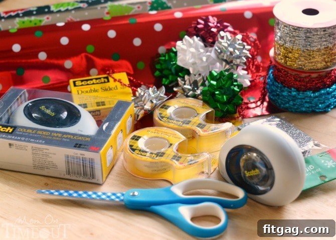 Effortless Gift Wrap Medallion Decorations 3 Materials needed for crafting Gift Wrap Medallion Ornaments: holiday wrapping paper with grid lines, scissors, ribbon, mini bows, and Scotch double-sided tape and applicator.