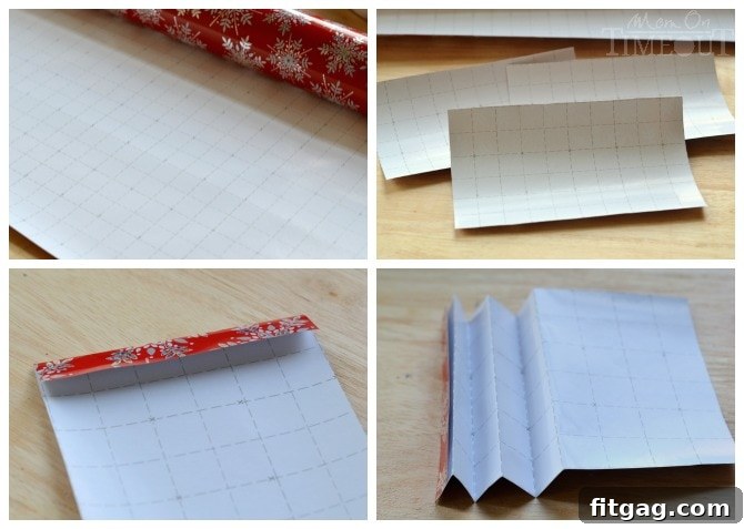 Effortless Gift Wrap Medallion Decorations 4 Cutting three equal-sized rectangles from holiday wrapping paper, demonstrating how paper size determines medallion dimensions.