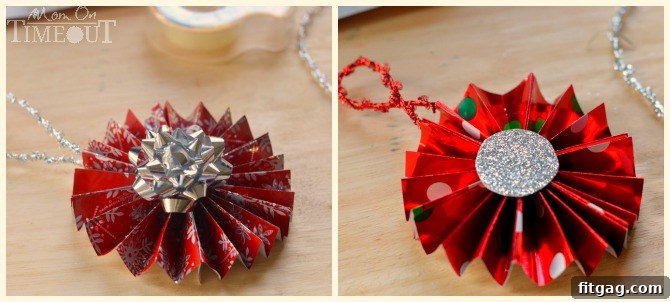 Effortless Gift Wrap Medallion Decorations 7 Finished Gift Wrap Medallion Ornament with a mini bow center, ready to hang.