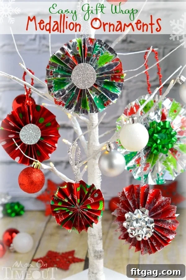 Effortless Gift Wrap Medallion Decorations 8 A beautifully decorated Christmas tree adorned with various sizes and patterns of DIY Gift Wrap Medallion Ornaments, showcasing their festive appeal.