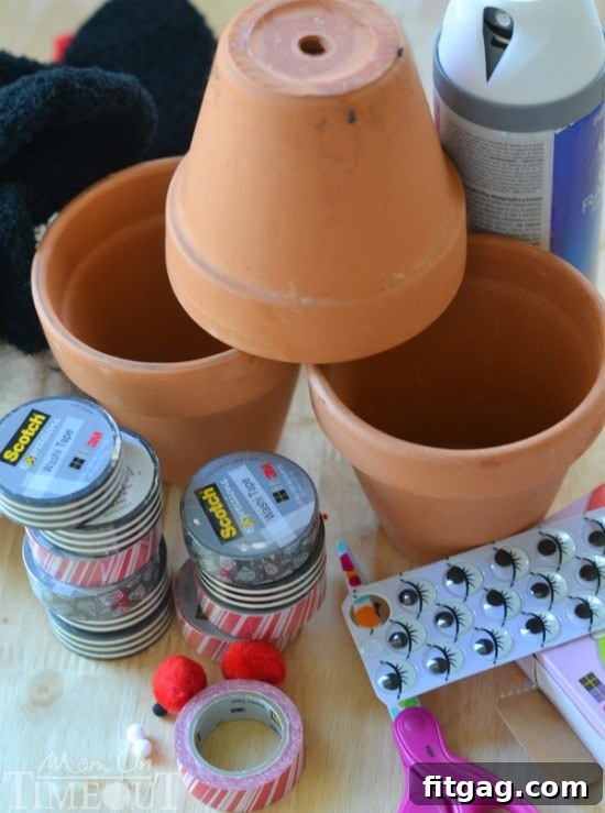 Gathering materials for the clay pot snowman craft