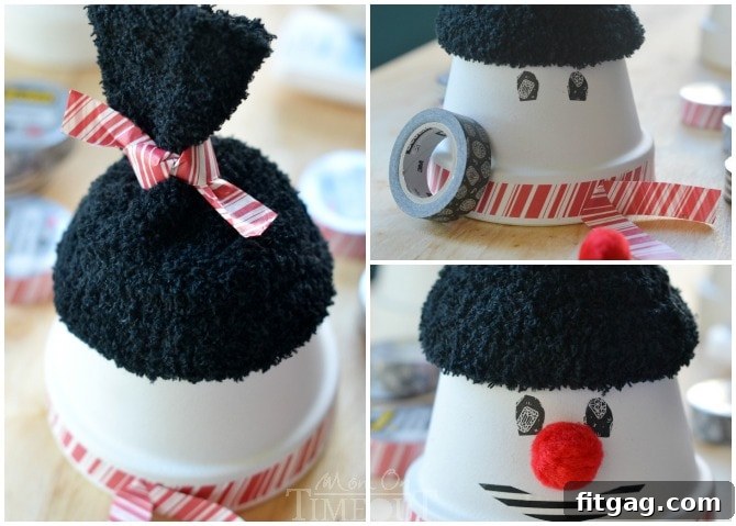 Creating a tied scarf look with washi tape for the clay pot snowman