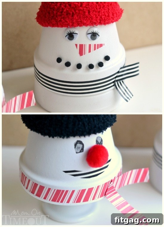 Finished clay pot snowman with cute facial details