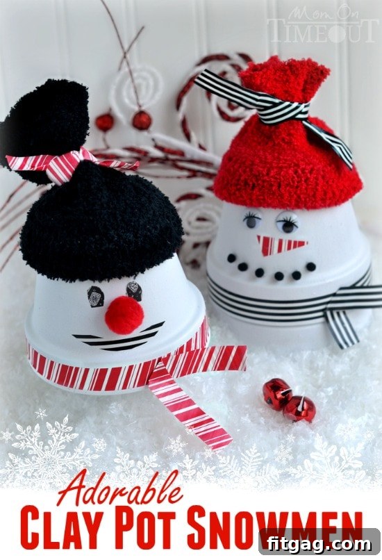 Close-up of a charming clay pot snowman, ready for the holidays