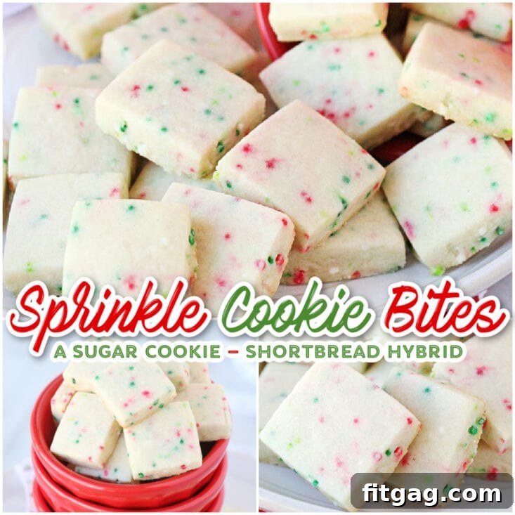 3 image collage of sprinkle cookie bite cookies cut into squares with title overlay
