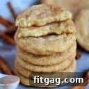 snickerdoodles stacked on blue board with top cookie broken in half text overlay at top square