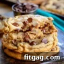 stack of chewy chocolate chip cookies on dark wood board square