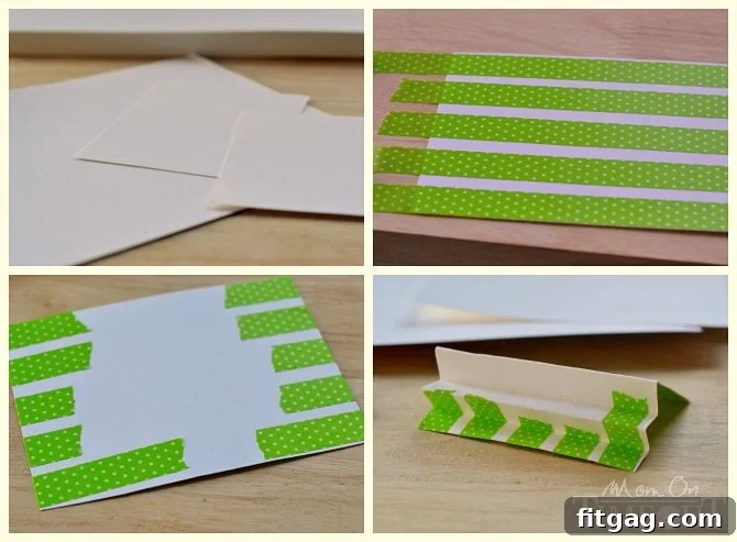 Step-by-step image showing washi tape applied to cardstock and the paper being folded into an accordion shape.