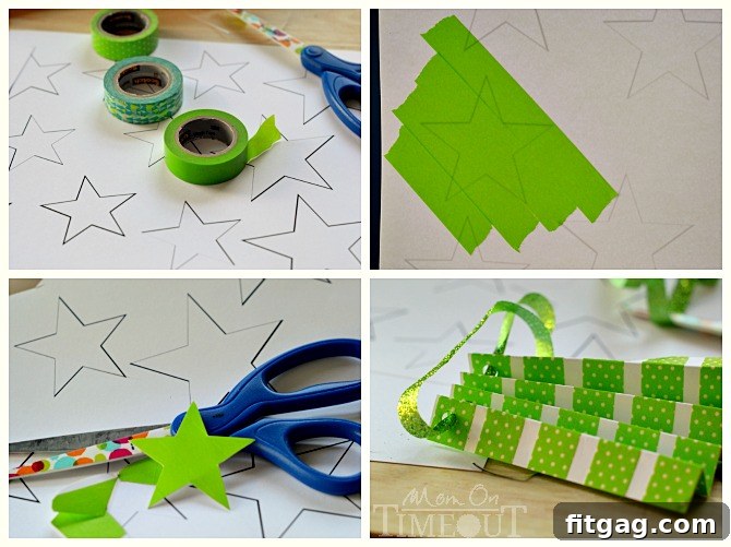 Close-up of a star covered in washi tape and a piece of twine threaded through the top of the accordion ornament.