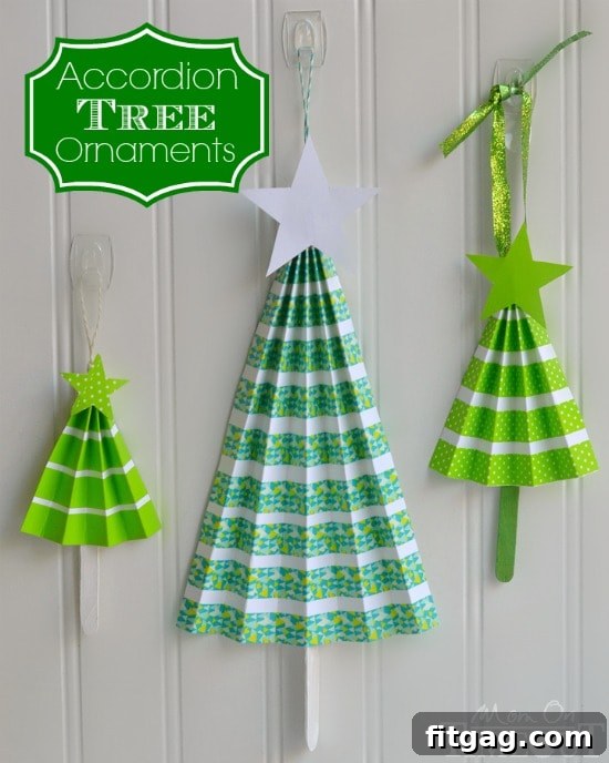 A close-up shot of a set of colorful handmade accordion Christmas tree ornaments, perfect for holiday decor.