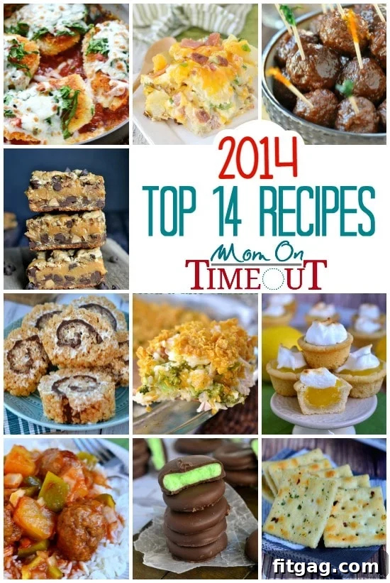 A vibrant collage of Mom On Timeout's most popular recipes from 2014, including savory dishes and sweet treats, inviting readers to explore.