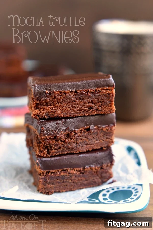 Velvet Mocha Truffle Brownies 2 Decadent Mocha Truffle Brownies, rich with chocolate and coffee, topped with ganache. Perfect for a sweet craving. | MomOnTimeout.com